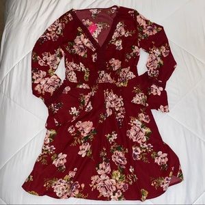 Maroon Floral Dress with Bell Sleeves